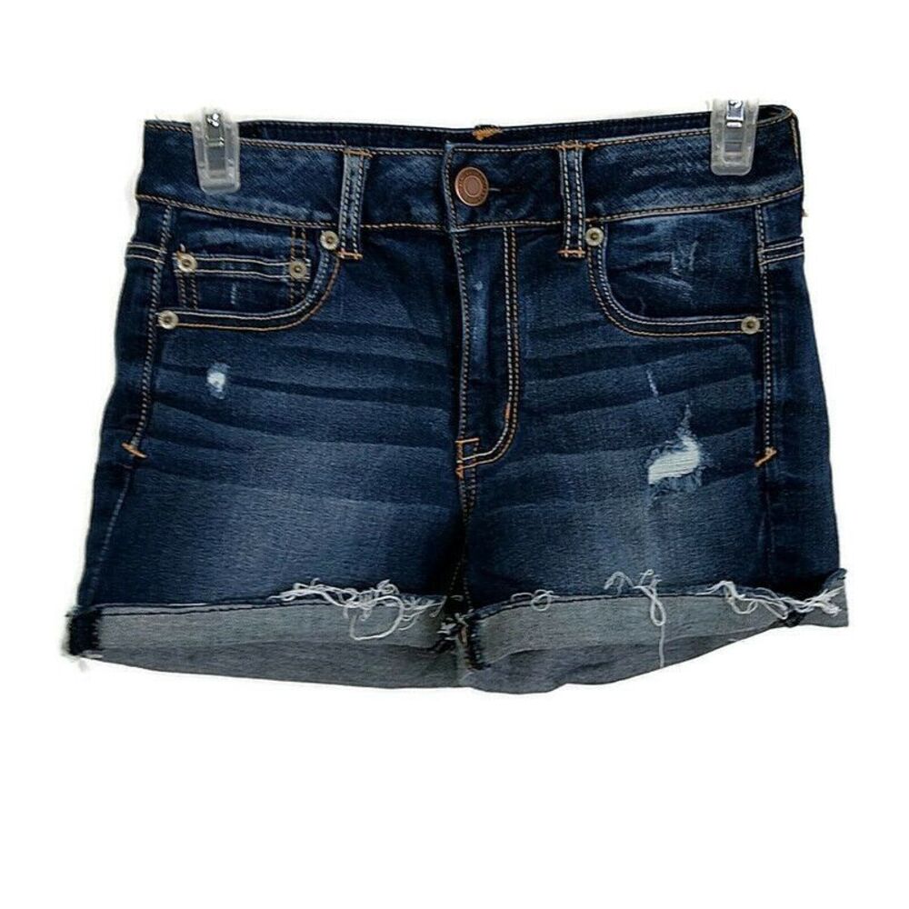 American‎ Eagle Womens sz 4 Shorts Blue Denim Dark Wash Faded Distressed Cutoffs